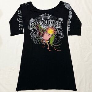 Bejeweled By Susan Fixel Black Graphic T-shirt Dress/Tunic w/Rhinestones - XL